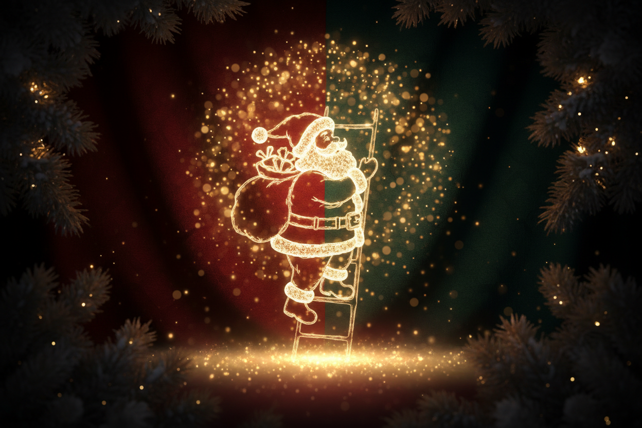 “A dark, moody holiday background with a glowing animated climbing Santa illuminated by warm lights, deep shadows, sparkling golden bokeh, magical Christmas glow, high-detail product focus, premium e-commerce style.”