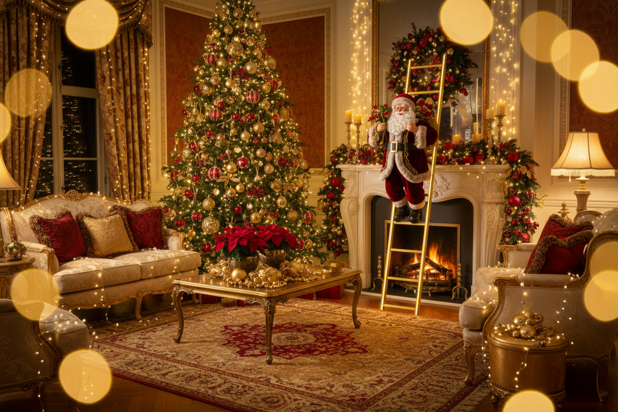 Luxurious Christmas living room with golden fairy lights, elegant ornaments, a premium animated Santa climbing a ladder in the center, soft blurred sparkles, rich warm tones, upscale holiday atmosphere, high-end décor vibe.”