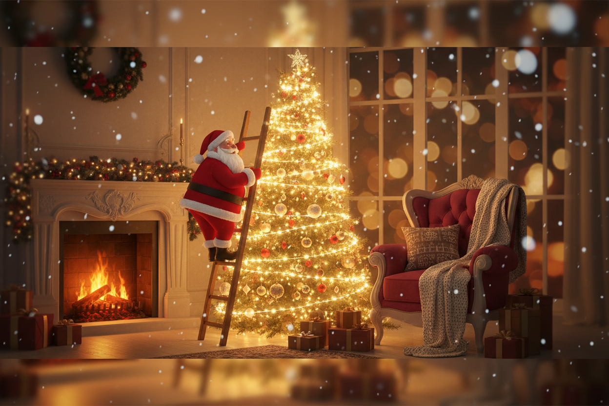 “Wide Christmas hero banner featuring an animated Santa climbing a ladder beside a glowing Christmas tree, warm golden fairy lights, soft bokeh background, cozy holiday living room, subtle falling snow indoors, high-resolution, warm festive glow, no text, perfect for website header.”